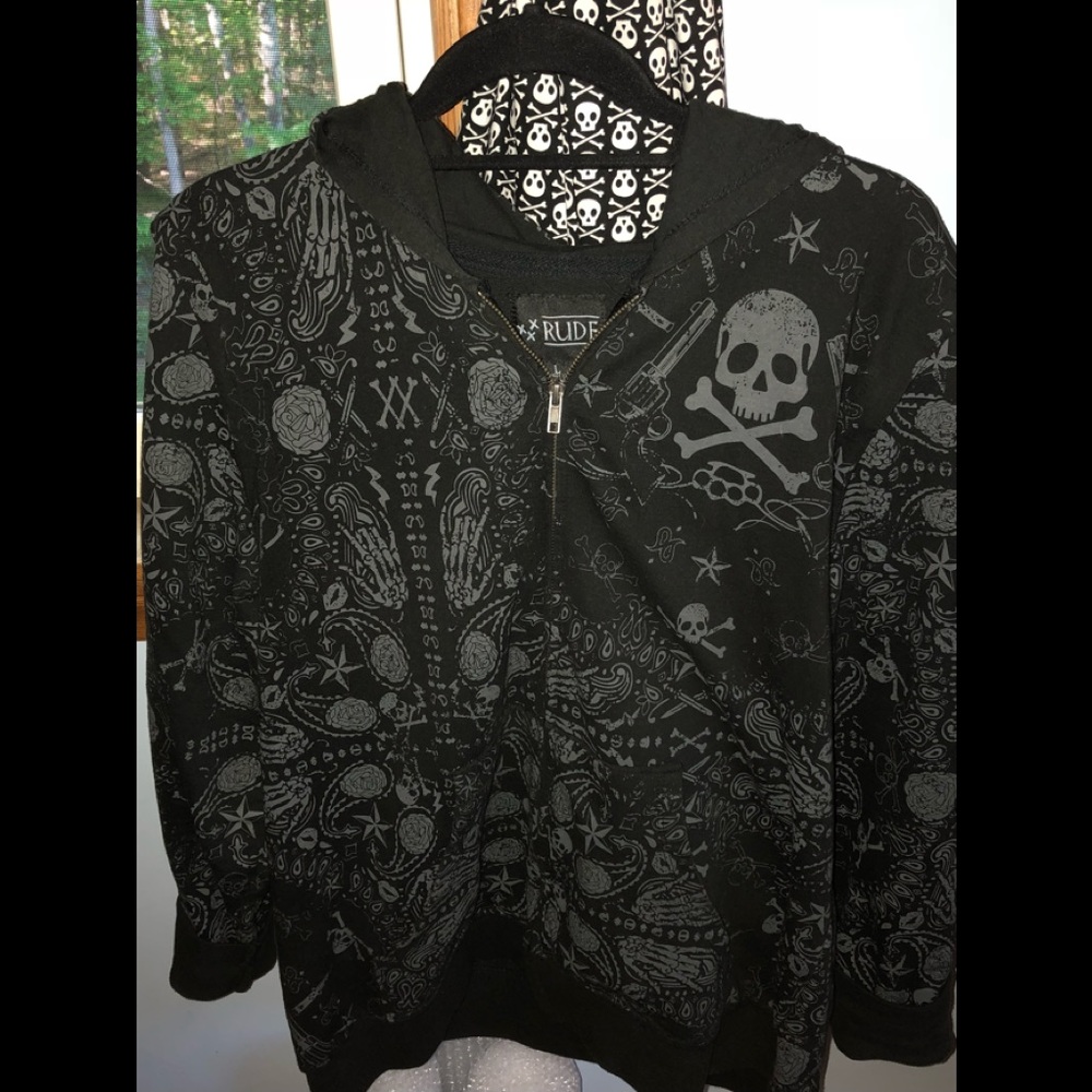 Rude Brand Hoodie: Skulls, Roses, Guns etc